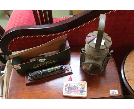 Antique Storm Lamp, boxed Liliput Age of Steam Flying Scotsman and a Model Bahnol Oil container 
