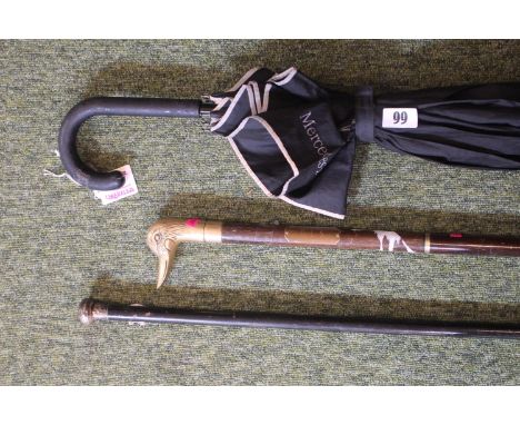 Mercedes Benz Umbrella, Walking Stick with Brass Duck handle and another Cane 