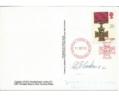 R Limbu VC signed on reverse of his colour portrait postcard. Good Condition. All signed pieces come with a Certificate of Au