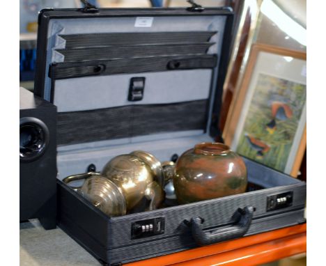 BRIEFCASE WITH GALLERY TRAY, EPNS TEA SERVICE & POTTERY LIDDED JAR     