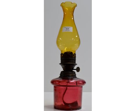 VICTORIAN CRANBERRY GLASS SINGLE BURNER PARAFFIN LAMP WITH AMBER GLASS SHADE     