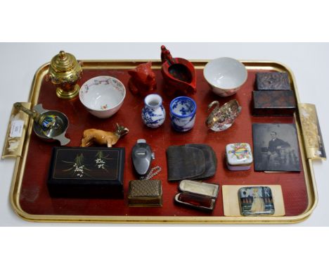 TRAY CONTAINING SMALL PEWTER QUAICH, VINTAGE COUNTER, SWAN POSY ORNAMENT, ORIENTAL CERAMICS, DECO STYLE COMPACT, LIMOGES LIDD