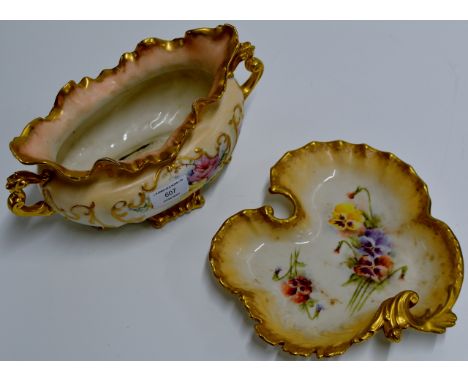 2 PIECES OF CREAM & FLORAL GILT NAUTILUS PORCELAIN COMPRISING A DOUBLE HANDLED PLANTER ON QUAD FEET & A SHAPED DISH     
