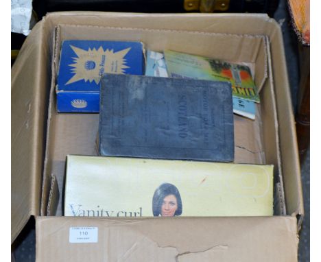 BOX CONTAINING VINTAGE HAIR DRYER, CURLER SET, OLD BOOK ETC     