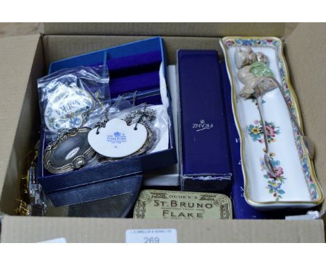 BOX CONTAINING GLASGOW SILVER SUGAR TONGS, PIN TRAY, WADE WHIMSIES, DECANTER LABELS ETC     