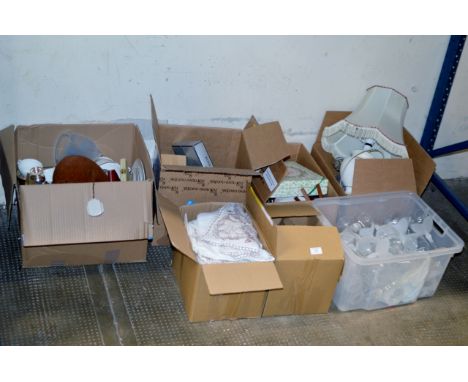 7 BOXES WITH LINEN, USING GLASS WARE, TABLE LAMP, USING DISHES & GENERAL BRIC-A-BRAC     