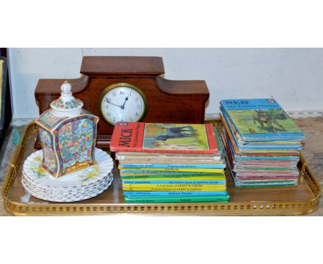 TRAY WITH INLAID MAHOGANY MANTLE CLOCK, VARIOUS OLD CHILDREN'S BOOKS, LIDDED JAR ETC     