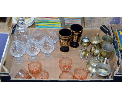 BOX CONTAINING DECANTER, VARIOUS GLASSES, BRASS WARE ETC     