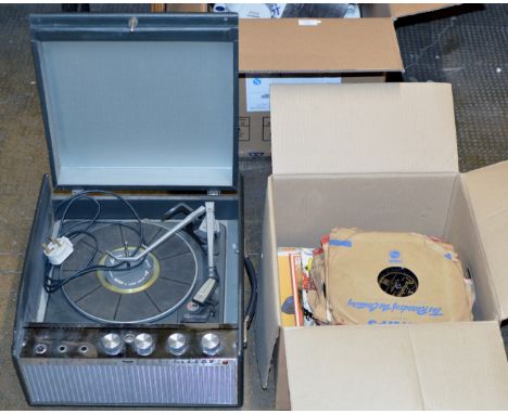 VINTAGE FERGUSON PORTABLE TURNTABLE WITH QUANTITY VARIOUS RECORDS     