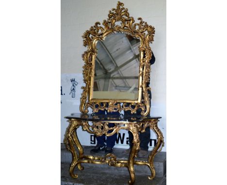 ORNATE REPRODUCTION GILT MARBLE TOP CONSOLE TABLE WITH LARGE MATCHING ORNATE GILT FRAMED WALL MIRROR     