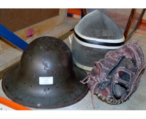 OLD ARMY HELMET, FENCING MASK & OLD LEATHER BASEBALL MIT     