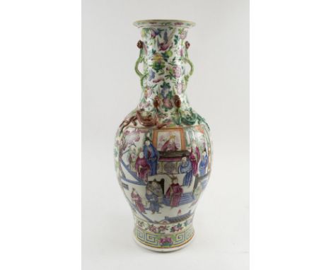 DRAGON VASE, Chinese famille verte ceramic of baluster form with long neck, figurative scene panels, applied komodo dragons, 
