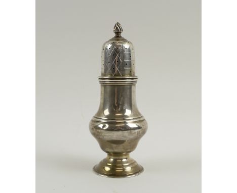 SILVER CASTOR, of baluster form the line engraved top with flame finial, hallmarked Birmingham 1924, weight 5.2ozt, 17cm H.