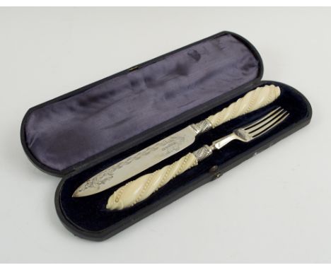 IVORY HANDLED KNIFE/FORK SET, Victorian with ornate handles and engraved detail, Sheffield 1867, fitted Moroccan leather case