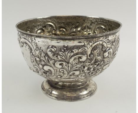 SILVER PUNCH BOWL, Edwardian, of circular footed form with embossed floral and foliate designs, London 1903, makers Sibray, H