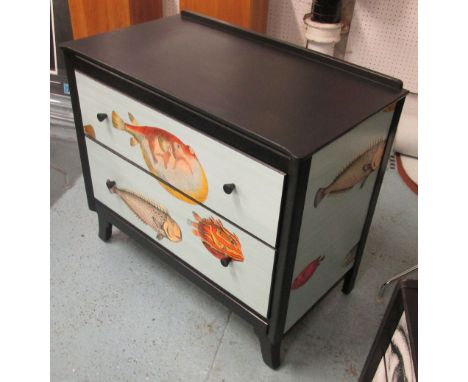 LOW CHEST, ebonised and light blue with two long drawers below decorated with fish, 78cm x 71cm H x 43cm.