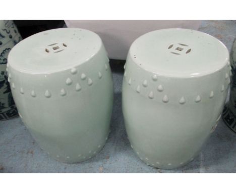 GARDEN SEATS, a pair, Chinese style Celadon ceramic, 32cm diam. x 48cm H. (2)