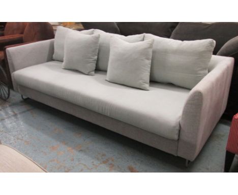 DESIGNERS GUILD SOFA, with light grey linen upholstery and a light duck egg blue linen  seat cushion and five scatter cushion