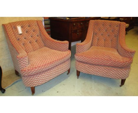 ARMCHAIRS, a pair, in red and fawn patterned chenille with buttoned backs and cushion seats, 90cm W. (2)