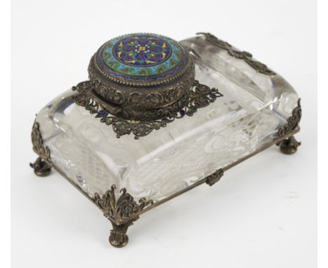 INKSTAND, 19th century Continental, the silver gilt and enamel cover stamped '800 standard', decorative cut glass base, 14cm 
