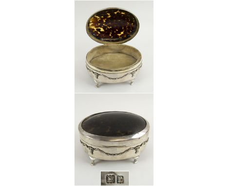 JEWELLERY BOX, George V silver of oval form with tortoiseshell inset lid, stylised cabriole feet London 1912 makers Garrard &