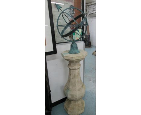 ARMILLARY SUNDIAL, in metal on reconstituted stone plinth, 181cm H. 