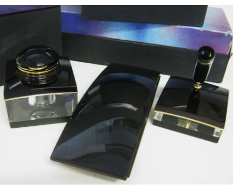 MOUNTBLANC DESK TOP ACCESSORIES, inkwell, blotter and pen holder, with black finish, plus original boxes. (3)