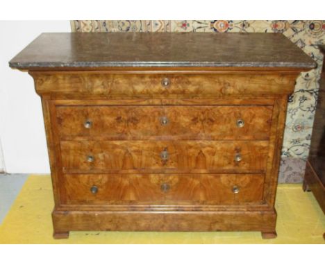 COMMODE, Louis Philippe mid 19th century burr walnut with a grey veined marble top over four long drawers, 126cm x 95cm H x 5