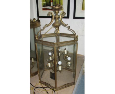 HANGING LANTERN, Regency style brass, hexagonal form with nine foliate branch lights, 55cm W x 95cm H. 