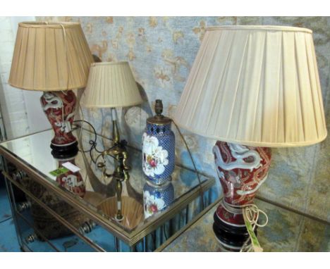 TABLE LAMPS, a pair, Chinese dragon design, with shades, 60cm H, a of blue and white lamp, bird design, 34cm H and a brass tr