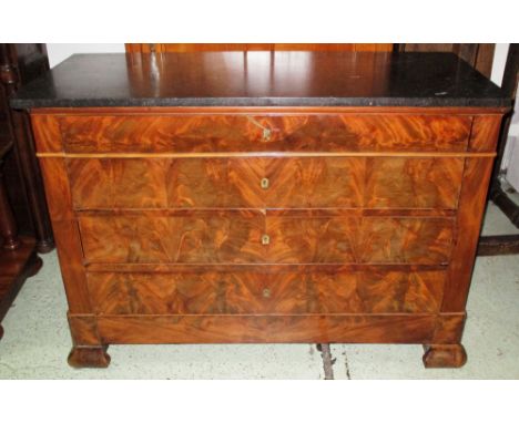 COMMODE, Charles X mahogany with grey marble top above four drawers, 89cm H x 130cm W x 56cm D. (with faults)