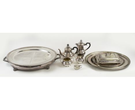 SILVER PLATED WARES, including a large serving tray with twin handled base, 65cm L, four piece tea service, entree dish and s