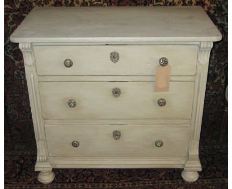 COMMODE, 19th century French Louis XVI style traditionally grey painted with three drawers and fluted columns, 48cm D x 88cm 