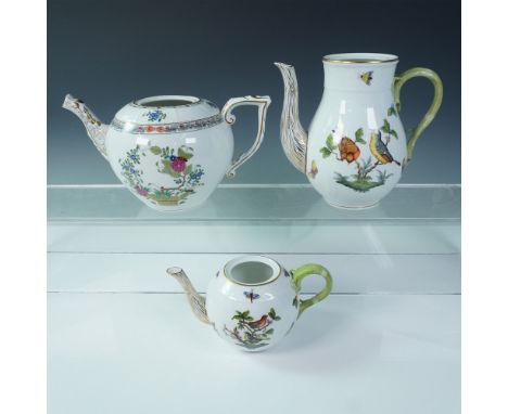 Group of three Herend Hungary handpainted porcelain vessels (no lids), each decorated with colorful botanical or avian motifs