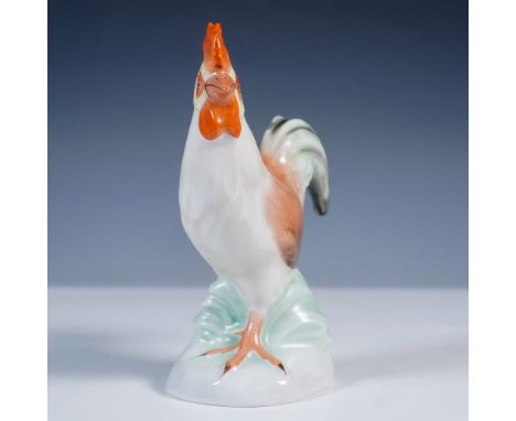 Herend porcelain figurine depicting a standing rooster, hand-painted in naturalistic hues of rust, white, green, and black. T