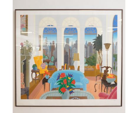 Large color serigraph by Thomas McKnight titled Blue Couch, depicting a lavishly detailed interior overlooking a city skyline