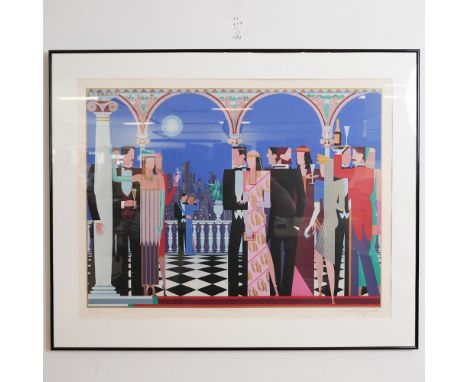 Vibrant  color serigraph by Italian artist Giancarlo Impiglia titled The Grand Party, dated 1986. This artwork captures a lav