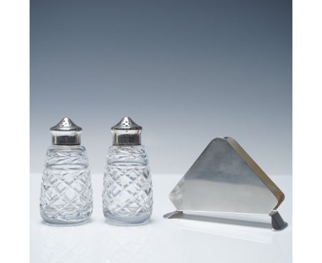 A refined 3pc set featuring a pair of Waterford Glandore cut crystal salt and pepper shakers with EPNS (Electroplated Nickel 