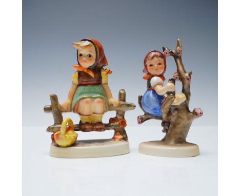 Pair of vintage Hummel porcelain figurines by Goebel of West Germany. One depicts a girl sitting on a fence with a basket and