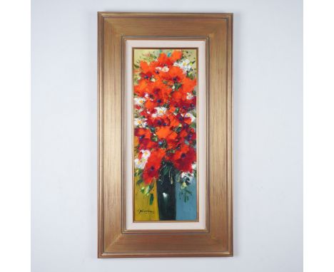 A vibrant oil painting by Christian Nesvadba, titled Red Poppies. This striking floral composition features a lush arrangemen