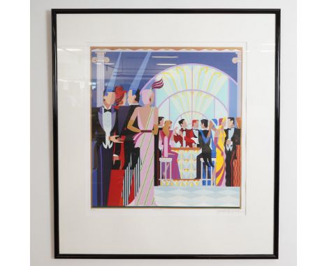 Vibrant and dynamic color serigraph by Giancarlo Impiglia titled At the Bar, created in 1987. This work exemplifies Impiglia'