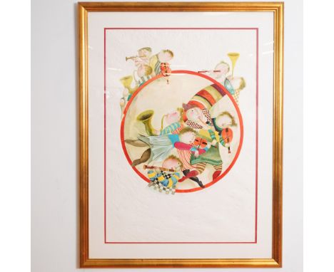 Limited edition textured paper lithograph titled Circle of Musicians, created in 1980 by Bolivian artist Graciela Rodo Boulan