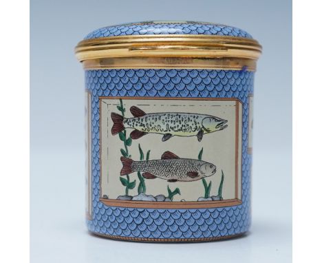 A beautifully crafted Halcyon Days Enamels trinket box, inspired by The Compleat Angler by Izaak Walton. The cylindrical form