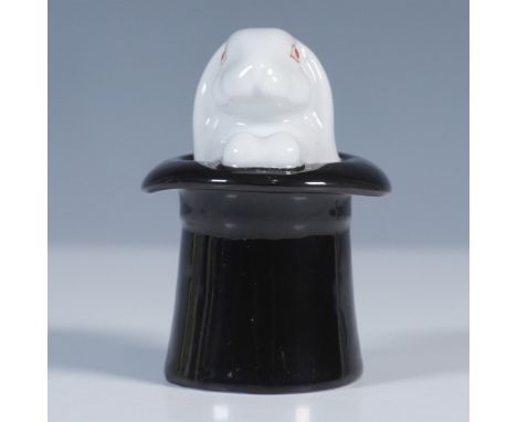 Charming Herend Hungary handpainted porcelain figurine depicting a white rabbit emerging from a black magician’s top hat, wit