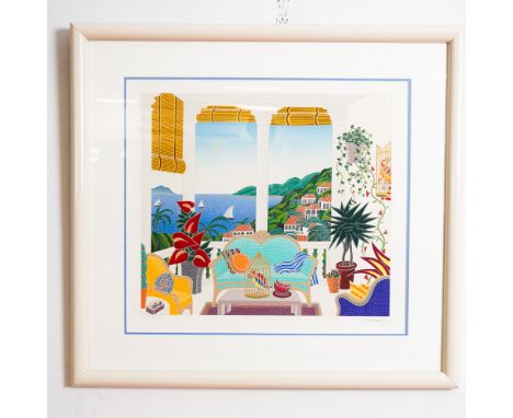 Colorful original serigraph by American artist Thomas McKnight, featuring a vibrant Mediterranean-style interior with a sweep