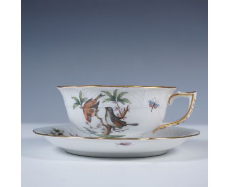 Exquisite hand-painted Herend porcelain 2pc set in the iconic Rothschild Bird pattern, numbered 734RO. The cup stands at 2"H 