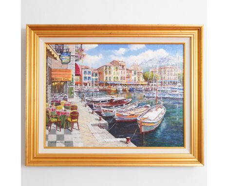 This limited edition print on canvas, titled Cafe in Cassis, by Sam Park, captures a vibrant Mediterranean harbor scene with 