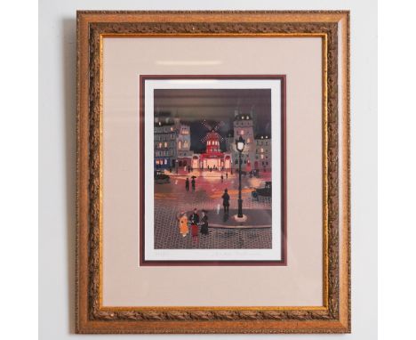 This limited edition serigraph by Michel Delacroix, titled Moulin Rouge, beautifully captures a nostalgic evening scene in Pa