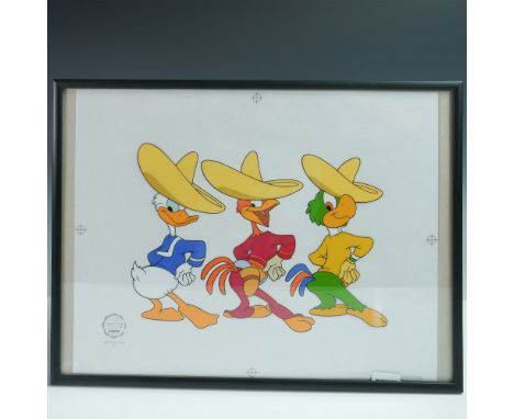 A vibrant Disney limited edition serigraph featuring The Three Caballeros—Donald Duck, José Carioca, and Panchito Pistoles—in
