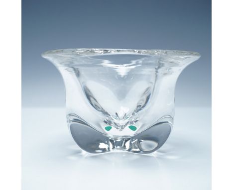 Striking clear art glass sculptural bowl featuring a fluid, organic form. The base features applied green felt pads, indicati